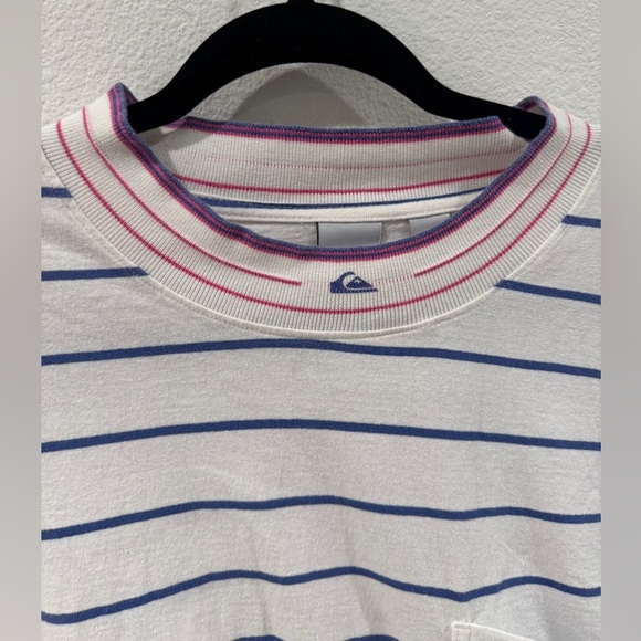 Quiksilver Striped Cropped Crewneck Surf Beach White Blue Pink T-Shirt Large - Picture 3 of 13